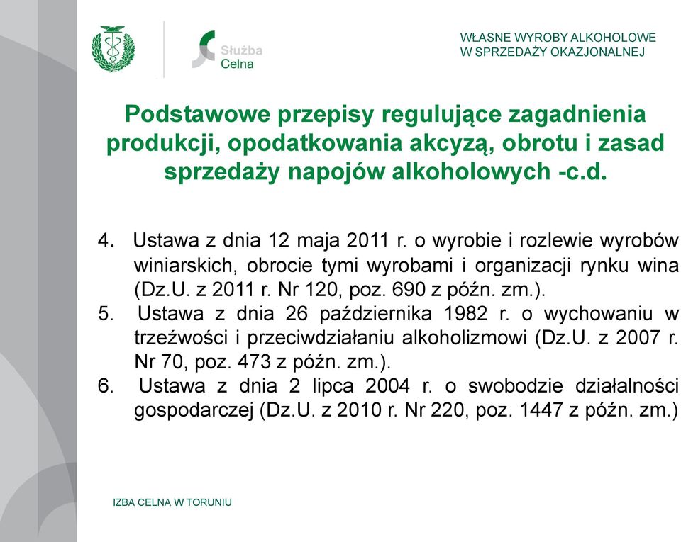 Nr 120, poz. 690 z późn. zm.). 5. Ustawa z dnia 26 października 1982 r. o wychowaniu w trzeźwości i przeciwdziałaniu alkoholizmowi (Dz.U. z 2007 r.