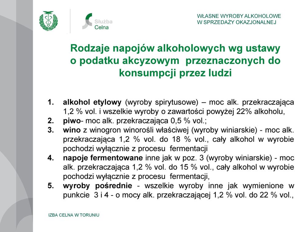 przekraczająca 1,2 % vol. do 18 % vol., cały alkohol w wyrobie pochodzi wyłącznie z procesu fermentacji 4. napoje fermentowane inne jak w poz. 3 (wyroby winiarskie) - moc alk.