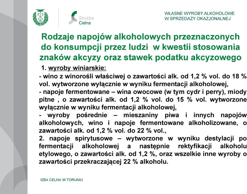 wytworzone wyłącznie w wyniku fermentacji alkoholowej, - napoje fermentowane wina owocowe (w tym cydr i perry), miody pitne, o zawartości alk. od 1,2 % vol. do 15 % vol.