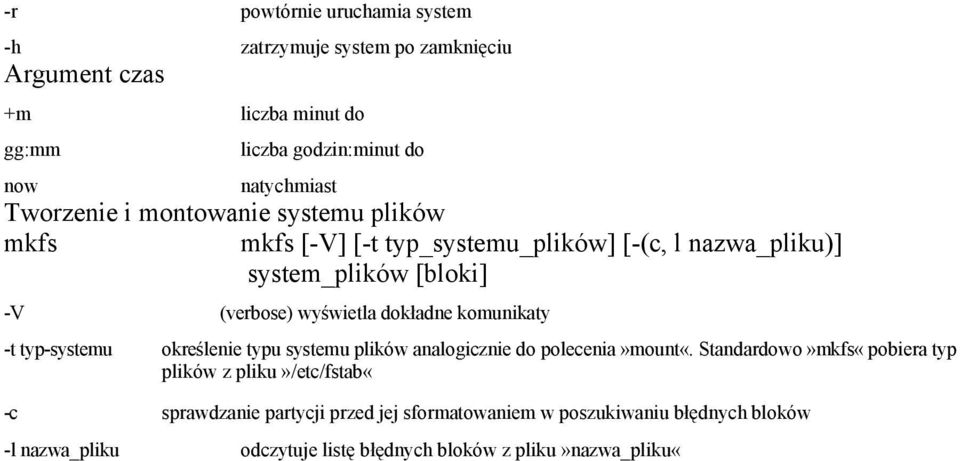 dokładne komunikaty -t typ-systemu określenie typu systemu plików analogicznie do polecenia»mount«.