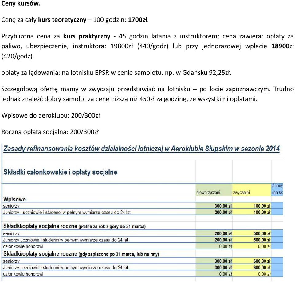 (440/godz) lub przy jednorazowej wpłacie 18900zł (420/godz). opłaty za lądowania: na lotnisku EPSR w cenie samolotu, np. w Gdańsku 92,25zł.