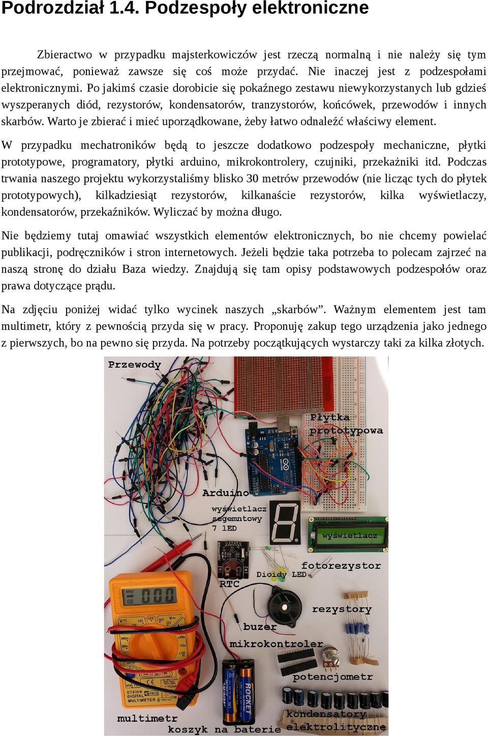 Po jakimś czasie dorobicie się pokaźnego zestawu niewykorzystanych lub gdzieś wyszperanych diód, rezystorów, kondensatorów, tranzystorów, końcówek, przewodów i innych skarbów.