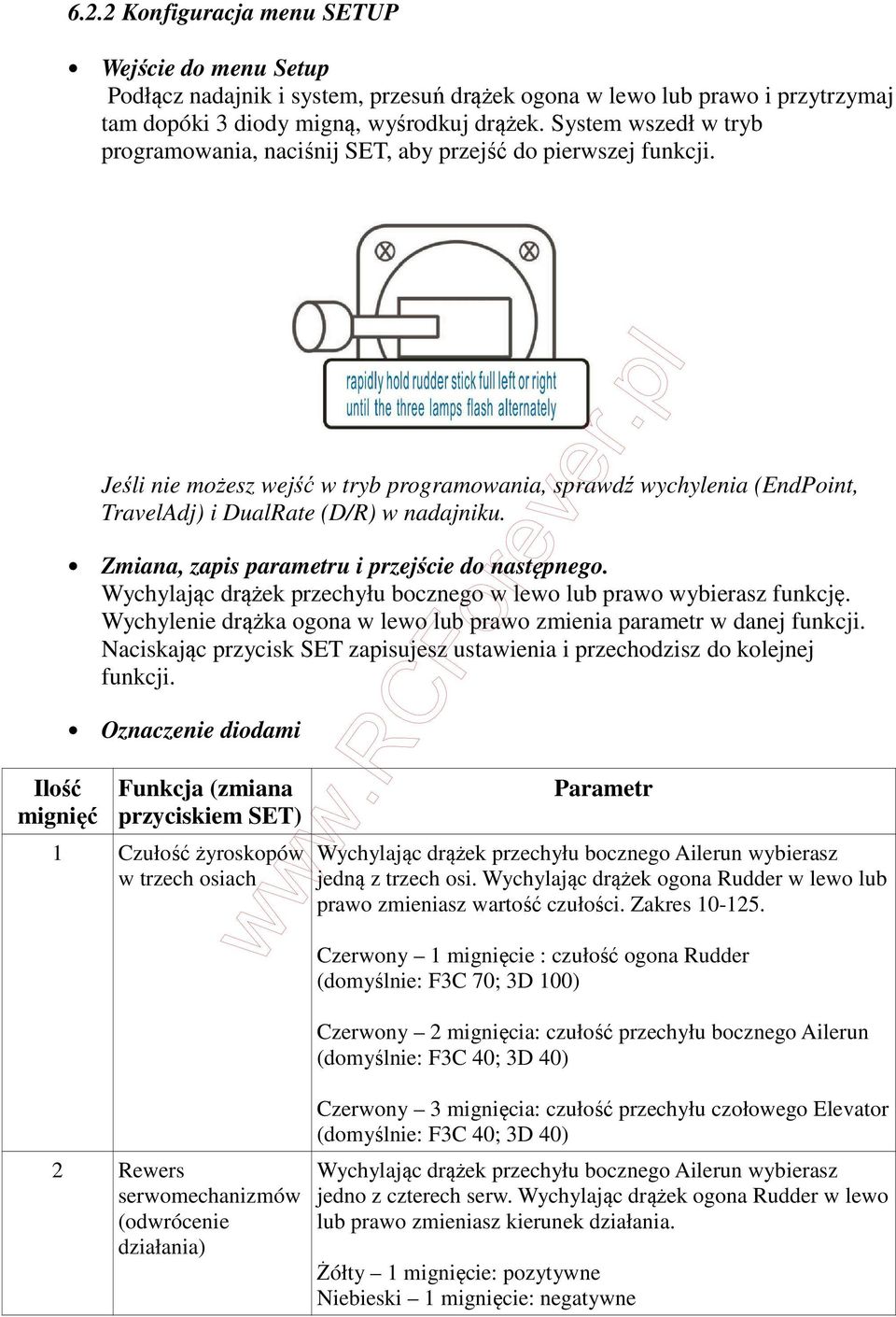 Zmiana, zapis parametru i przejście do następnego. Wychylając drążek przechyłu bocznego w lewo lub prawo wybierasz funkcję. Wychylenie drążka ogona w lewo lub prawo zmienia parametr w danej funkcji.