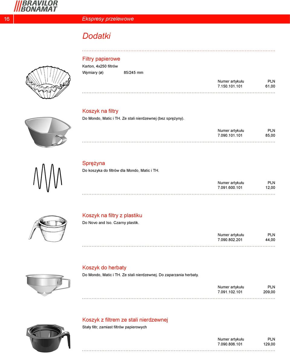 7.091.600.101 12,00 Koszyk na filtry z plastiku Do Novo and Iso. Czarny plastik. 7.090.802.201 44,00 Koszyk do herbaty Do Mondo, Matic i TH.