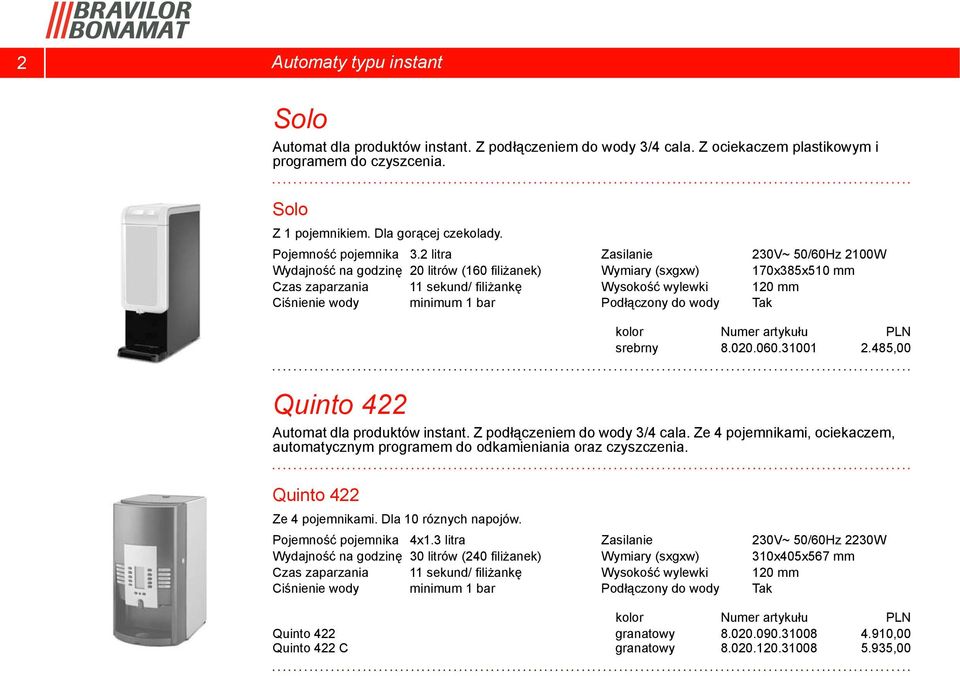 2 litra Wydajność na godzinę 20 litrów (160 filiżanek) Czas zaparzania 11 sekund/ filiżankę Wysokość wylewki Podłączony do wody 230V~ 50/60Hz 2100W 170x385x510 mm 120 mm kolor srebrny 8.020.060.