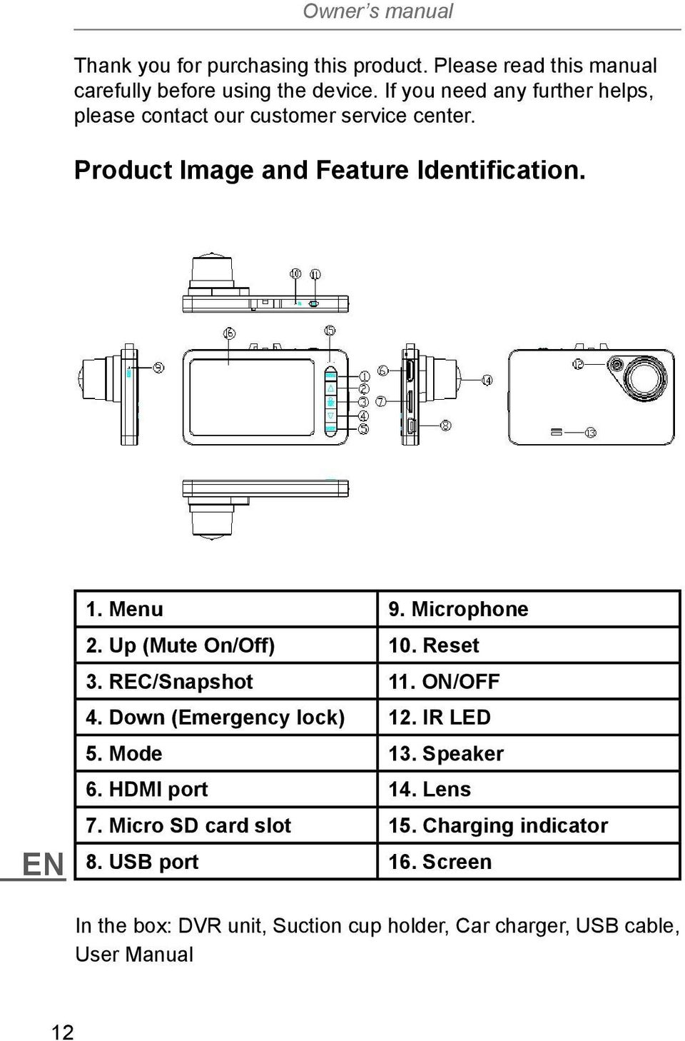 Microphone 2. Up (Mute On/Off) 10. Reset 3. REC/Snapshot 11. ON/OFF 4. Down (Emergency lock) 12. IR LED 5. Mode 13. Speaker 6.