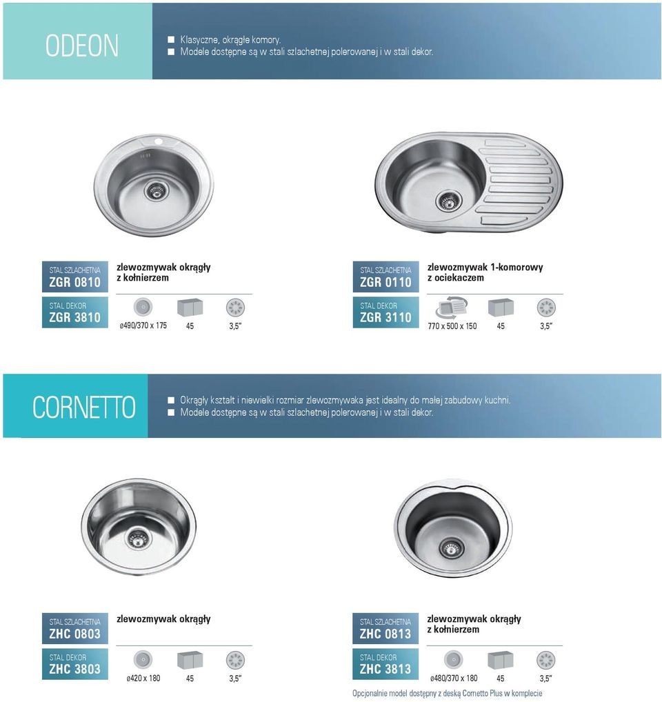 niewielki rozmiar zlewozmywaka jest idealny do małej zabudowy kuchni. Modele dostępne są w stali szlachetnej polerowanej i w stali dekor.