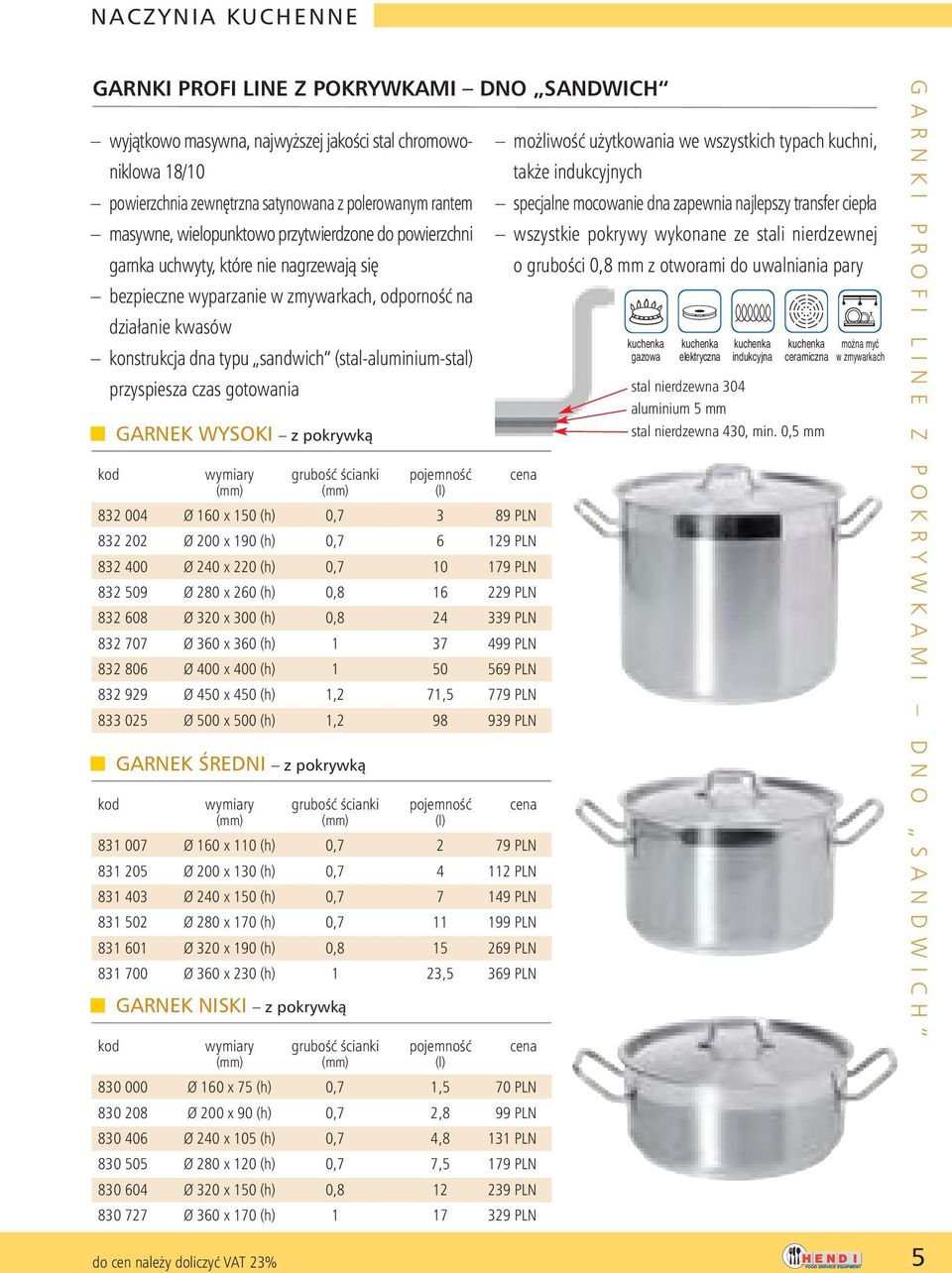 (stal-aluminium-stal) przyspiesza czas gotowania GARNEK WYSOKI z pokrywkà kod wymiary gruboêç Êcianki pojemnoêç cena (l) 832 004 Ø 160 x 150 (h) 0,7 3 89 PLN 832 202 Ø 200 x 190 (h) 0,7 6 129 PLN 832
