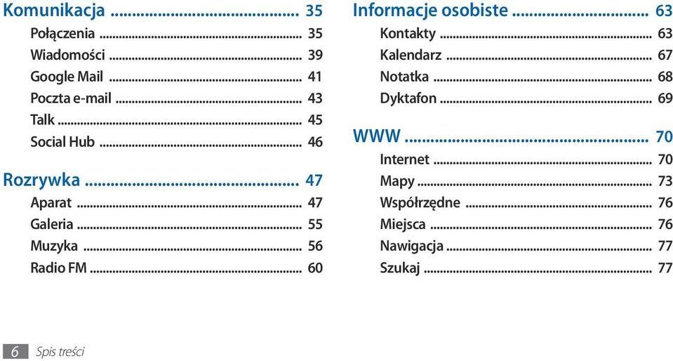 .. 60 Informacje osobiste... 63 Kontakty... 63 Kalendarz... 67 Notatka... 68 Dyktafon... 69 WWW.