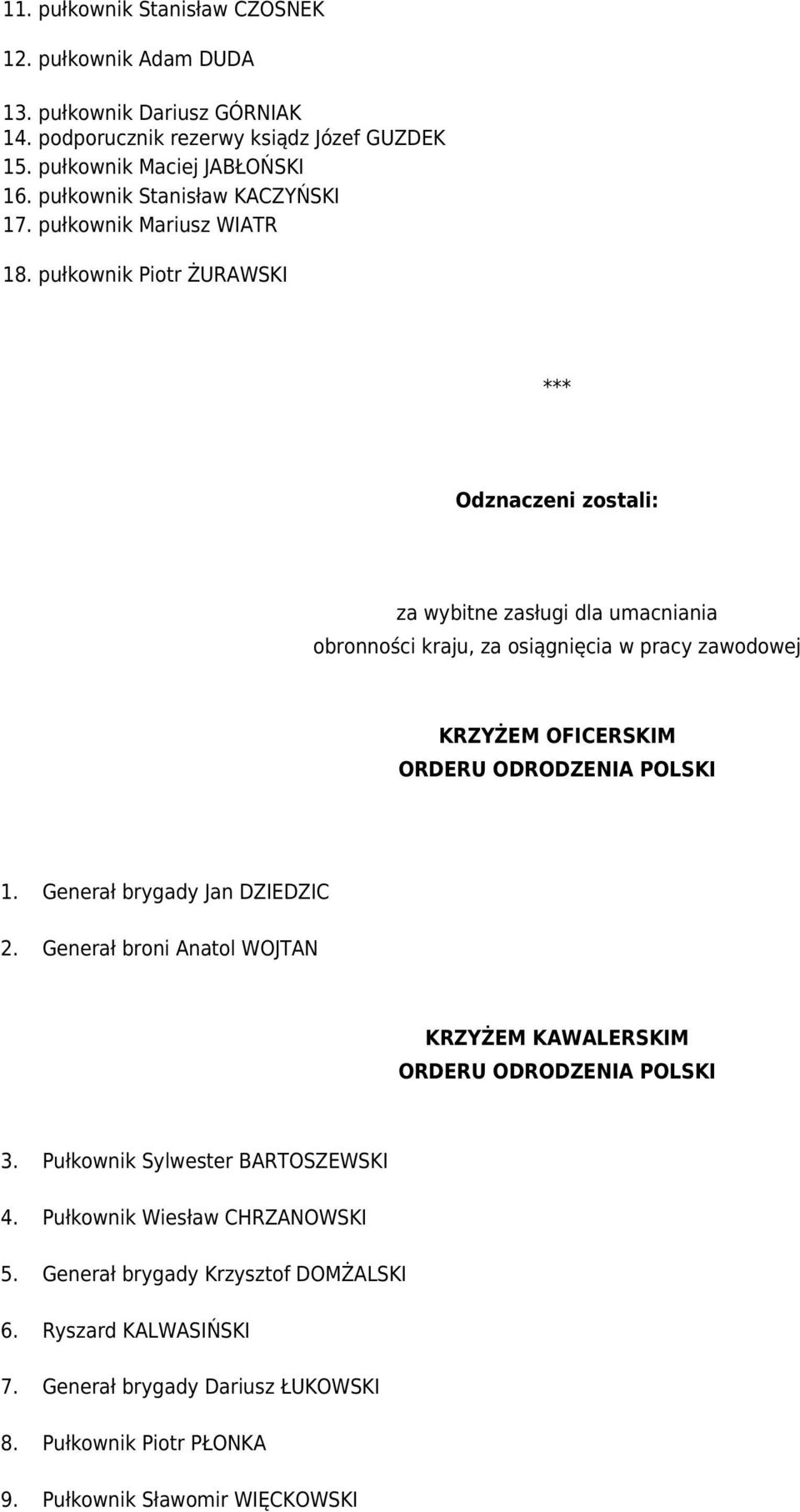 pułkownik Piotr ŻURAWSKI *** Odznaczeni zostali: za wybitne zasługi dla umacniania obronności kraju, za osiągnięcia w pracy zawodowej KRZYŻEM OFICERSKIM ORDERU ODRODZENIA POLSKI 1.