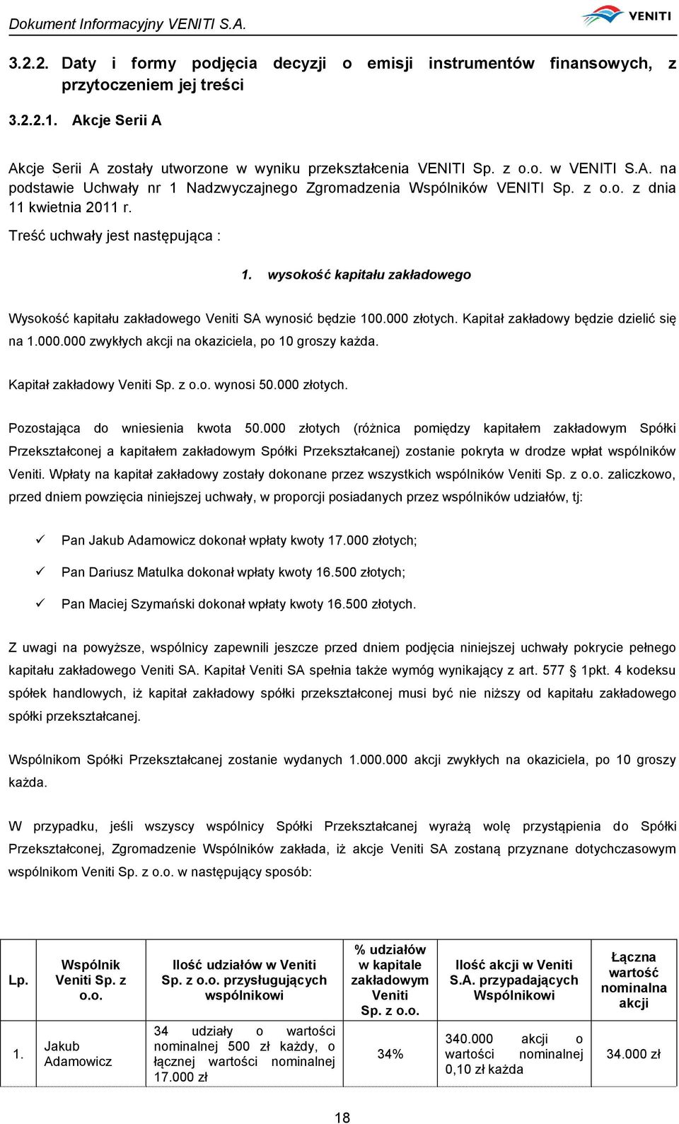 wysokość kapitału zakładowego Wysokość kapitału zakładowego Veniti SA wynosić będzie 100.000 złotych. Kapitał zakładowy będzie dzielić się na 1.000.000 zwykłych akcji na okaziciela, po 10 groszy każda.