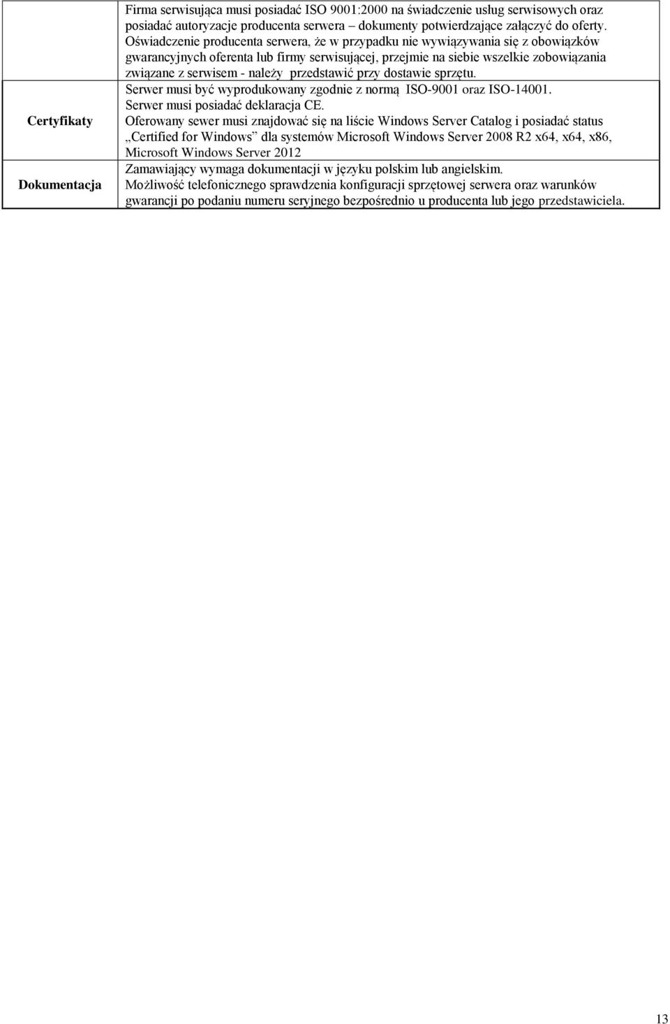przedstawić przy dostawie sprzętu. Serwer musi być wyprodukowany zgodnie z normą ISO-9001 oraz ISO-14001. Serwer musi posiadać deklaracja CE.