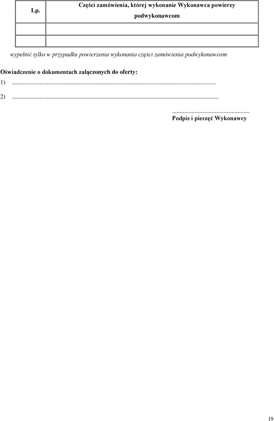 wykonania części zamówienia podwykonawcom Oświadczenie o