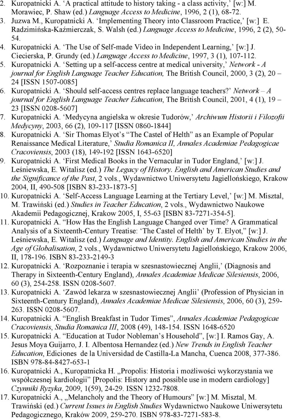 The Use of Self-made Video in Independent Learning, [w:] J. Ciecierska, P. Grundy (ed.) Language Access to Medicine, 1997, 3 (1), 107-112. 5. Kuropatnicki A.