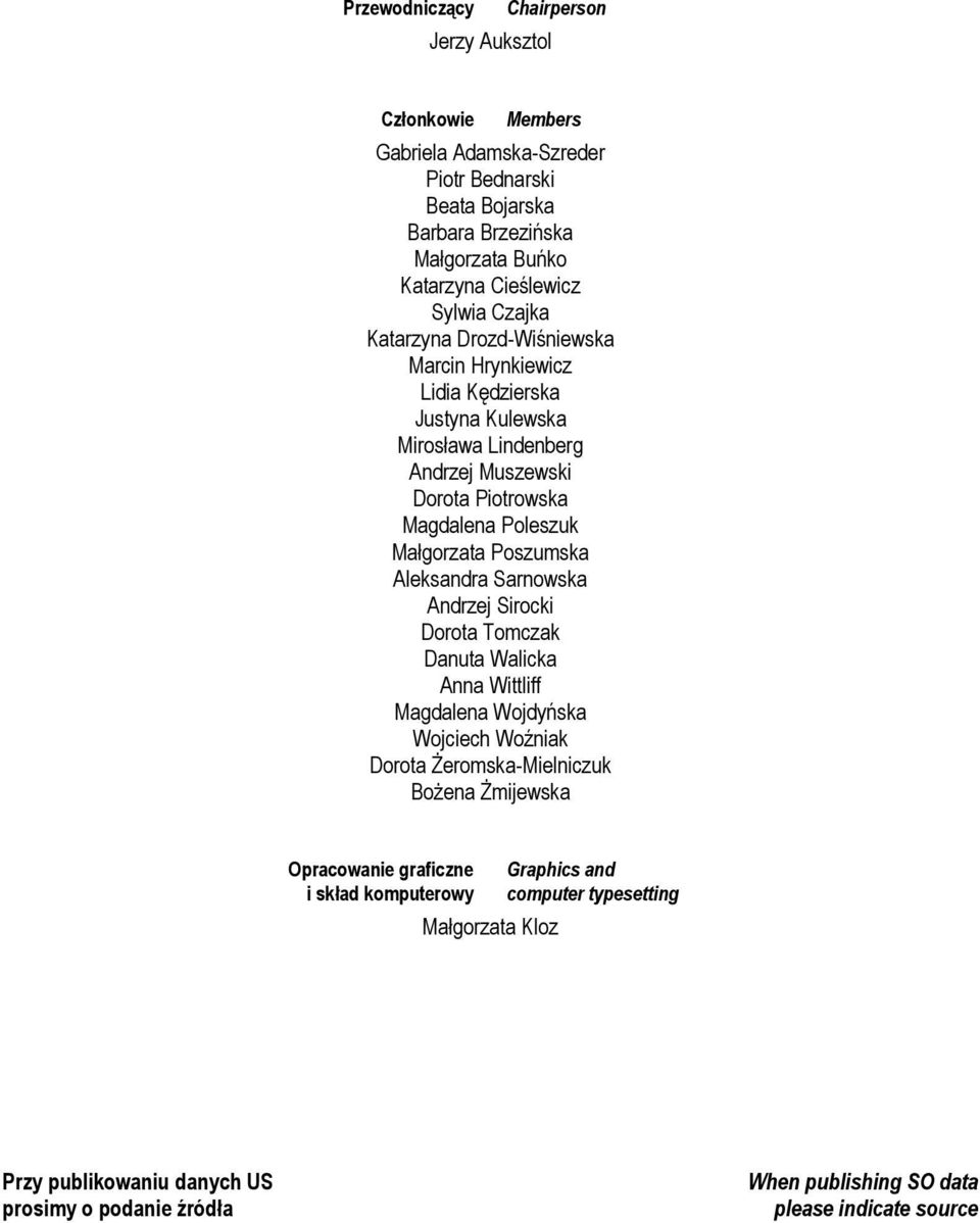 Małgorzata Poszumska Aleksandra Sarnowska Andrzej Sirocki Dorota Tomczak Danuta Walicka Anna Wittliff Magdalena Wojdyńska Wojciech Woźniak Dorota Żeromska-Mielniczuk Bożena