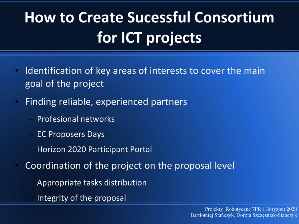 Profesional networks EC Proposers Days Horizon 2020 Participant Portal Coordination of