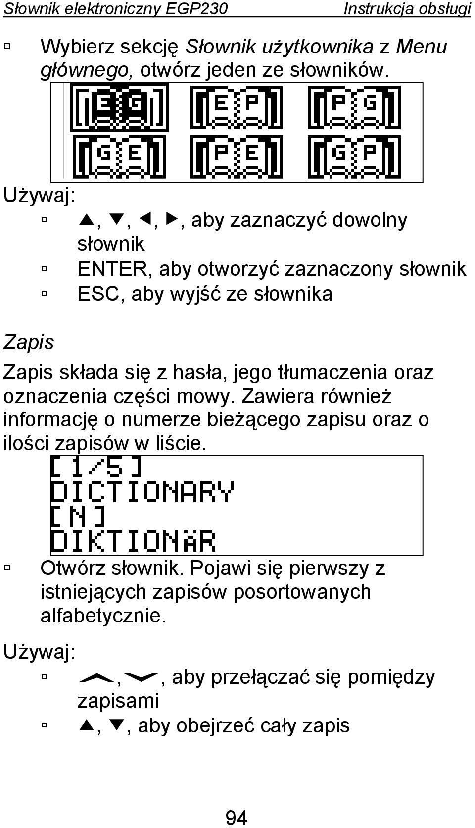 się z hasła, jego tłumaczenia oraz oznaczenia części mowy.
