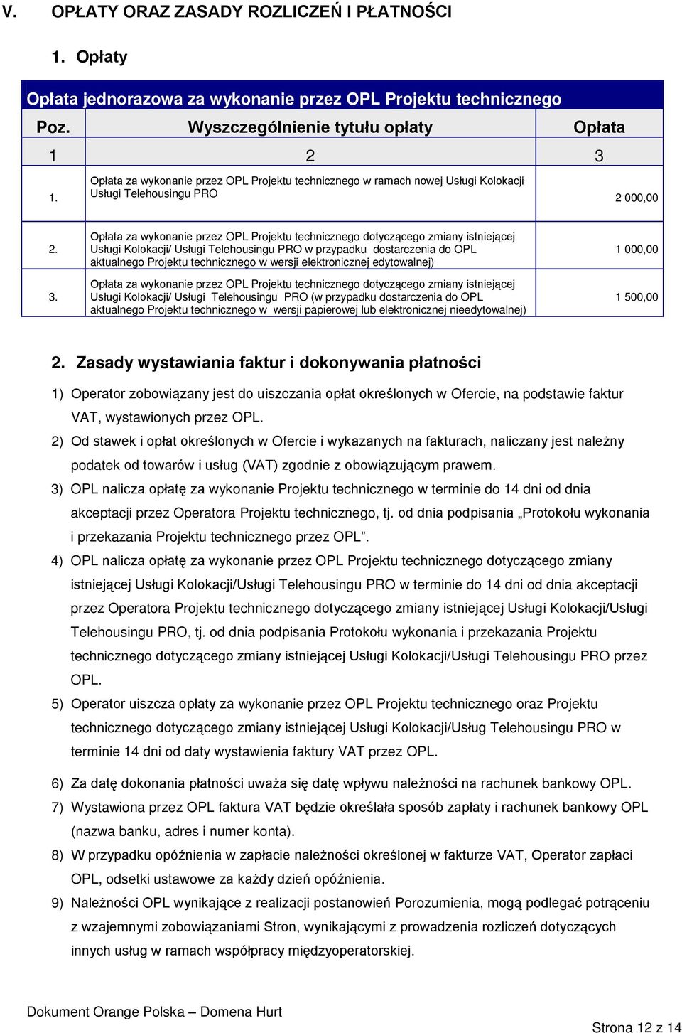 Opłata za wykonanie przez OPL Projektu technicznego dotyczącego zmiany istniejącej Usługi Kolokacji/ Usługi Telehousingu PRO w przypadku dostarczenia do OPL aktualnego Projektu technicznego w wersji