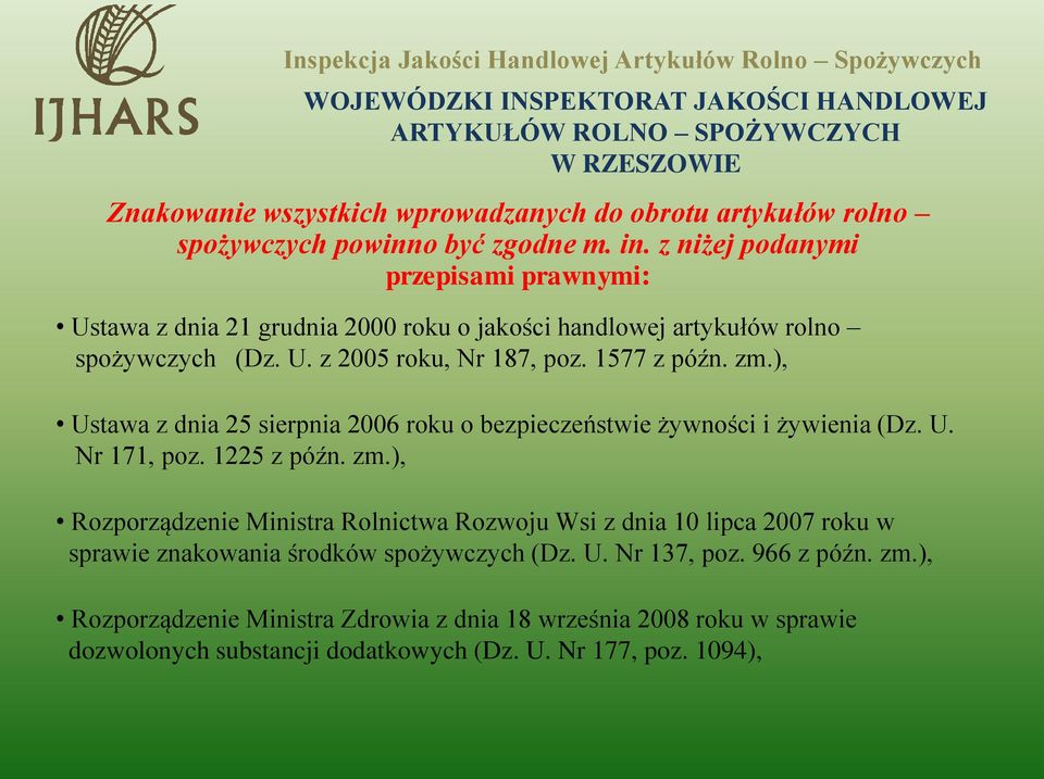 zm.), Ustawa z dnia 25 sierpnia 2006 roku o bezpieczeństwie żywności i żywienia (Dz. U. Nr 171, poz. 1225 z późn. zm.