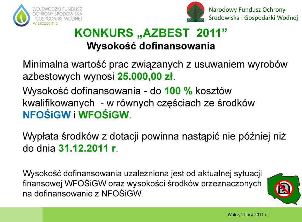 Wysokość dofinansowania - do 100 % kosztów kwalifikowanych - w równych częściach ze środków NFOŚiGW i WFOŚiGW.