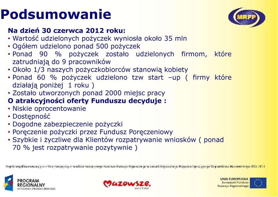 które działają poniżej 1 roku ) Zostało utworzonych ponad 2000 miejsc pracy O atrakcyjności oferty Funduszu decyduje : Niskie oprocentowanie Dostępność Dogodne