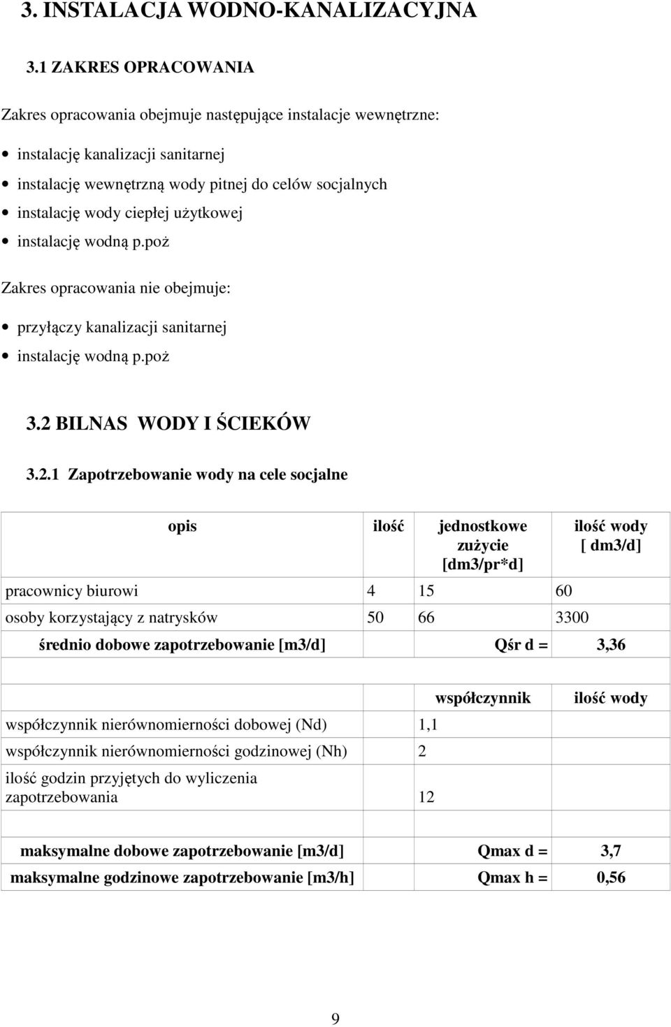 użytkowej instalację wodną p.poż Zakres opracowania nie obejmuje: przyłączy kanalizacji sanitarnej instalację wodną p.poż 3.2 