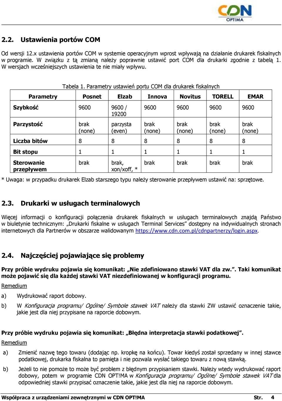 Parametry ustawień portu COM dla drukarek fiskalnych Parametry Posnet Elzab Innova Novitus TORELL EMAR Szybkość 9600 9600 / 19200 9600 9600 9600 9600 Parzystość brak (none) parzysta (even) brak