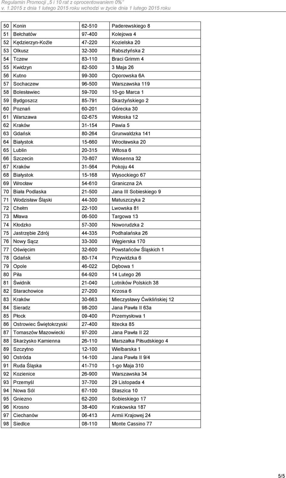 Kraków 31-154 Pawia 5 63 Gdańsk 80-264 Grunwaldzka 141 64 Białystok 15-660 Wrocławska 20 65 Lublin 20-315 Witosa 6 66 Szczecin 70-807 Wiosenna 32 67 Kraków 31-564 Pokoju 44 68 Białystok 15-168