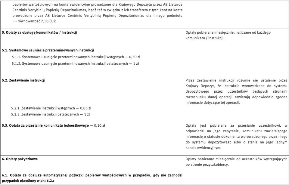 Opłaty za obsługę komunikatów / instrukcji Opłaty pobierane miesięcznie, naliczane od każdego komunikatu / instrukcji. 5.1. Systemowe usunięcie przeterminowanych instrukcji 5.1.1. Systemowe usunięcie przeterminowanych instrukcji wstępnych --- 0,50 zł 5.