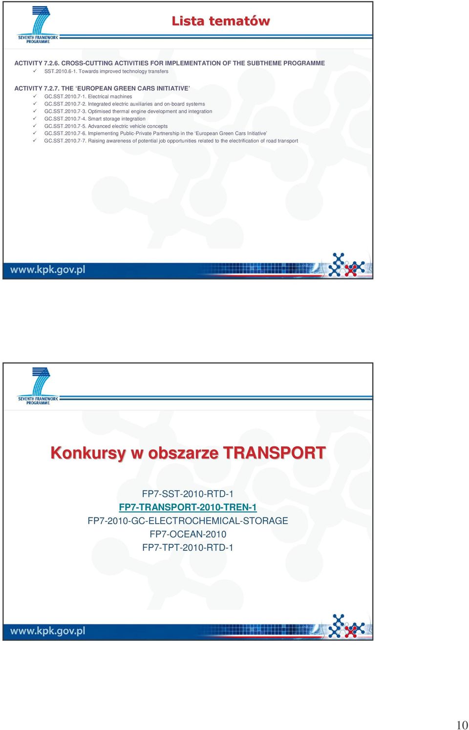 Smart storage integration GC.SST.2010.7-5. Advanced electric vehicle concepts GC.SST.2010.7-6. Implementing Public-Private Partnership in the European Green Cars Initiative GC.SST.2010.7-7.