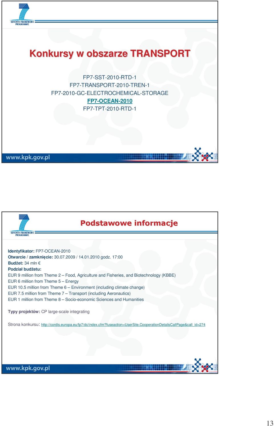 17:00 Budżet: 34 mln Podział budżetu: EUR 9 million from Theme 2 Food, Agriculture and Fisheries, and Biotechnology (KBBE) EUR 6 million from Theme 5 Energy EUR 10.