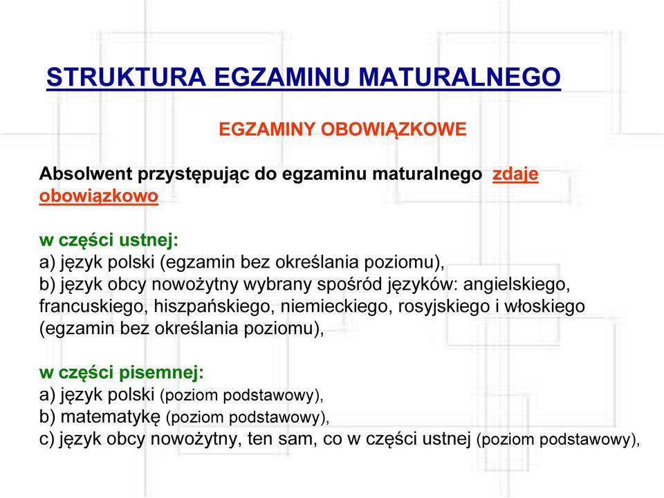 francuskiego, hiszpańskiego, niemieckiego, rosyjskiego i włoskiego (egzamin bez określania poziomu), w części pisemnej: a)