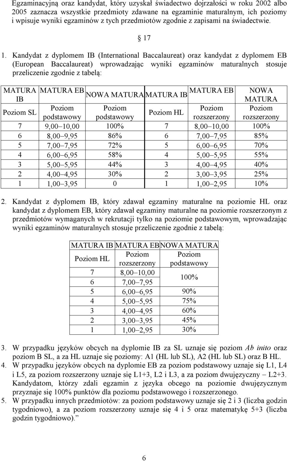 Kandydat z dyplomem IB (International Baccalaureat) oraz kandydat z dyplomem EB (European Baccalaureat) wprowadzając wyniki egzaminów maturalnych stosuje przeliczenie zgodnie z tabelą: MATURA IB