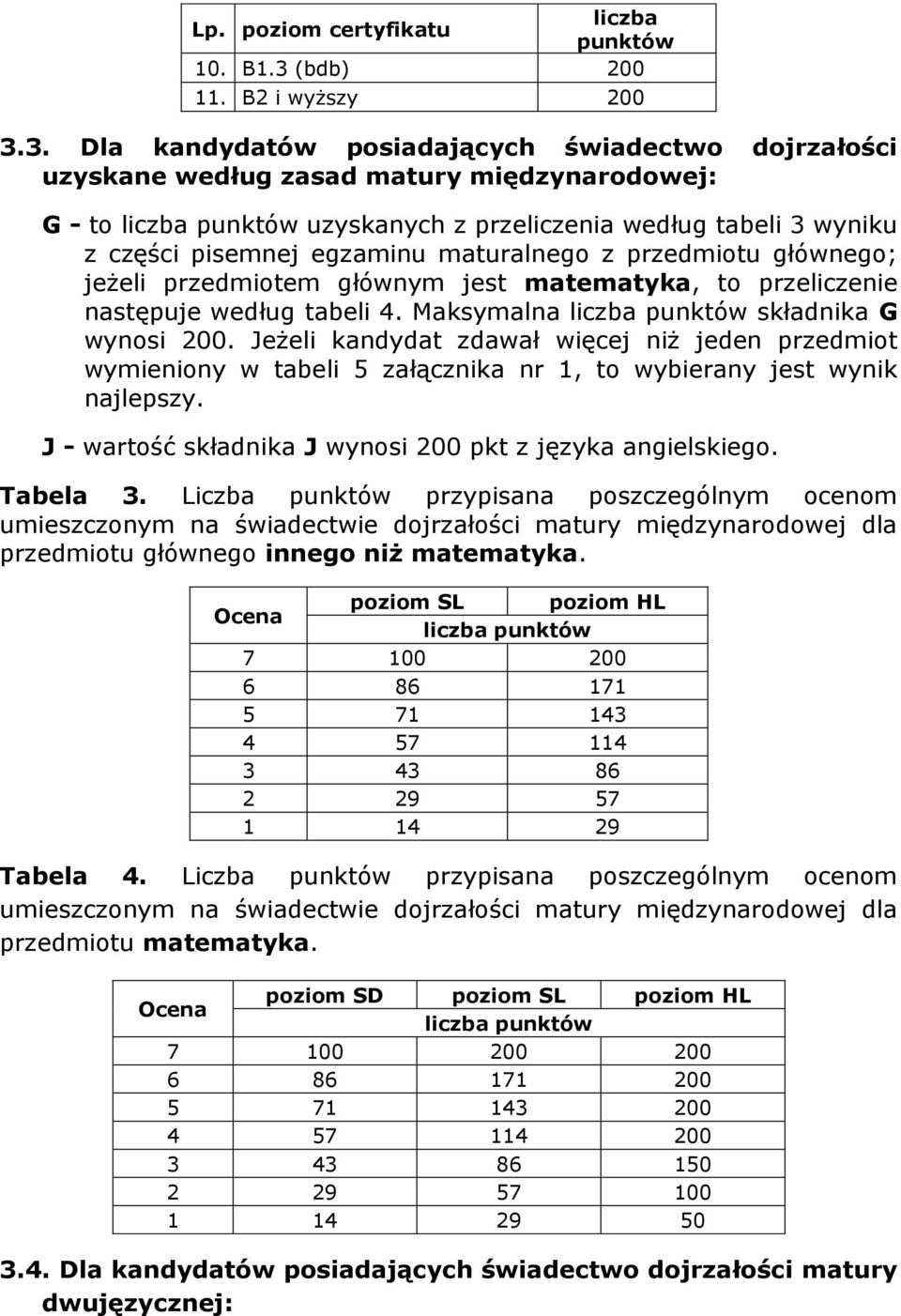 3. Dla kandydatów posiadających świadectwo dojrzałości uzyskane według zasad matury międzynarodowej: G - to liczba punktów uzyskanych z przeliczenia według tabeli 3 wyniku z części pisemnej egzaminu