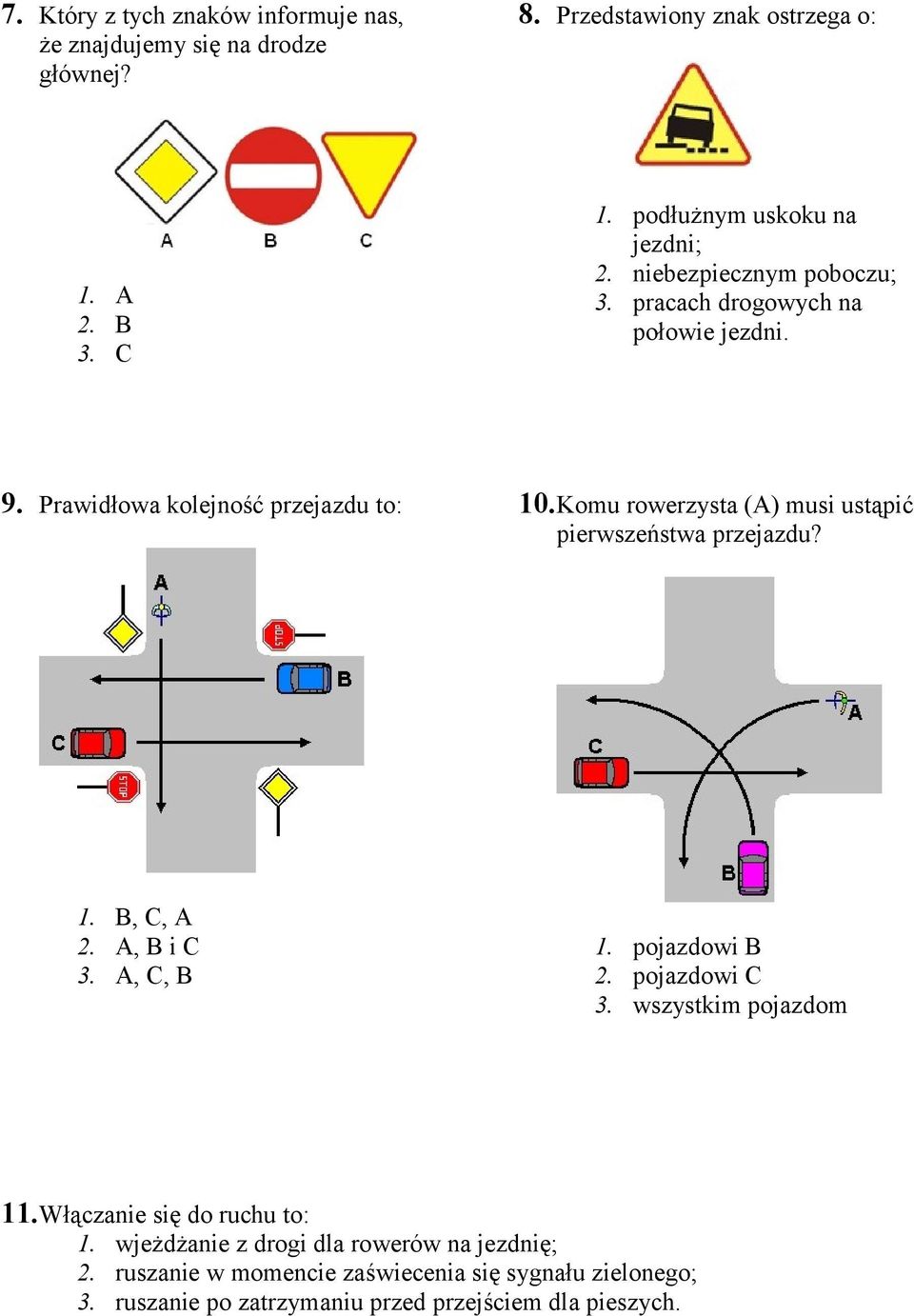 Komu rowerzysta (A) musi ustąpić pierwszeństwa przejazdu? 1. B, C, A 2. A, B i C 3. A, C, B 1. pojazdowi B 2. pojazdowi C 3. wszystkim pojazdom 11.