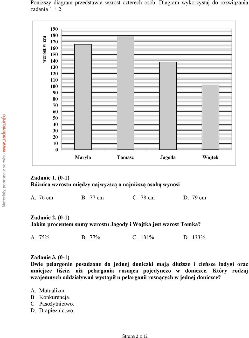 76 cm B. 77 cm C. 78 cm D. 79 cm Zadanie 2. (0-1) Jakim procentem sumy wzrostu Jagody i Wojtka jest wzrost Tomka? A. 75% B. 77% C. 131% D. 133% Zadanie 3.
