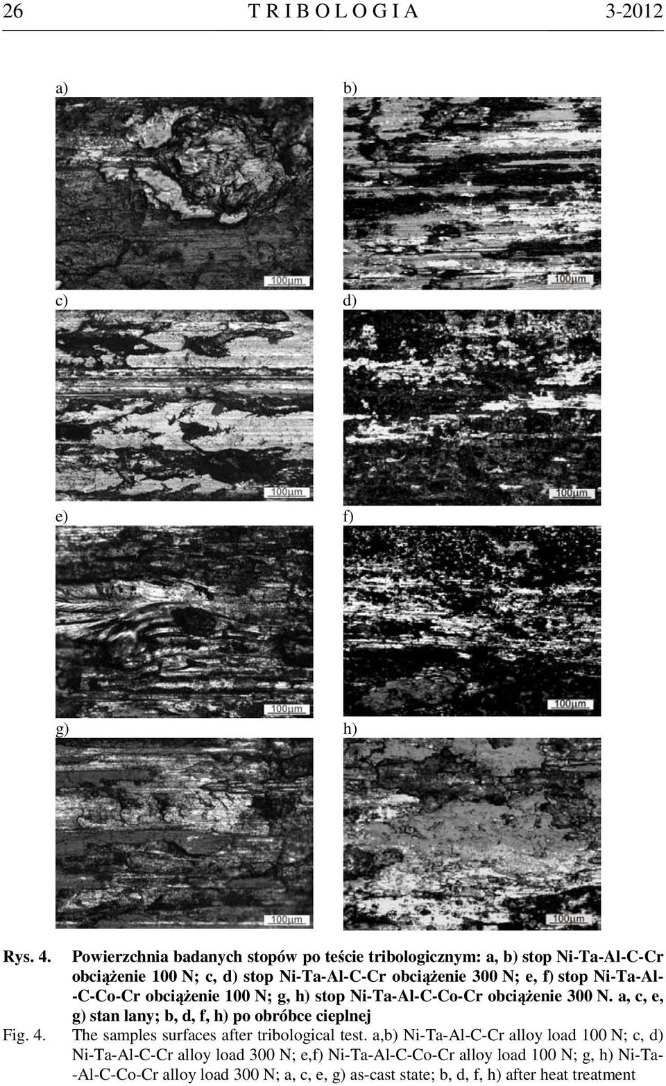 Ni-Ta-Al- -C-Co-Cr obciążenie 100 N; g, h) stop Ni-Ta-Al-C-Co-Cr obciążenie 300 N. a, c, e, g) stan lany; b, d, f, h) po obróbce cieplnej Fig. 4.