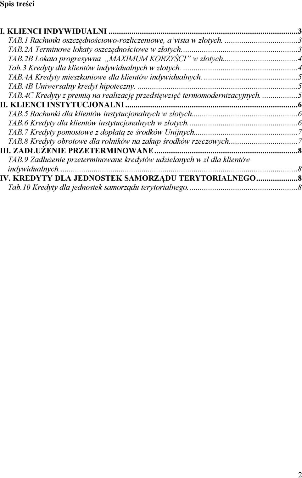 ...5 II. KLIENCI INSTYTUCJONALNI...6 TAB.5 Rachunki dla klientów instytucjonalnych w złotych...6 TAB.6 Kredyty dla klientów instytucjonalnych w złotych....6 TAB.7 Kredyty pomostowe z dopłatą ze środków Unijnych.