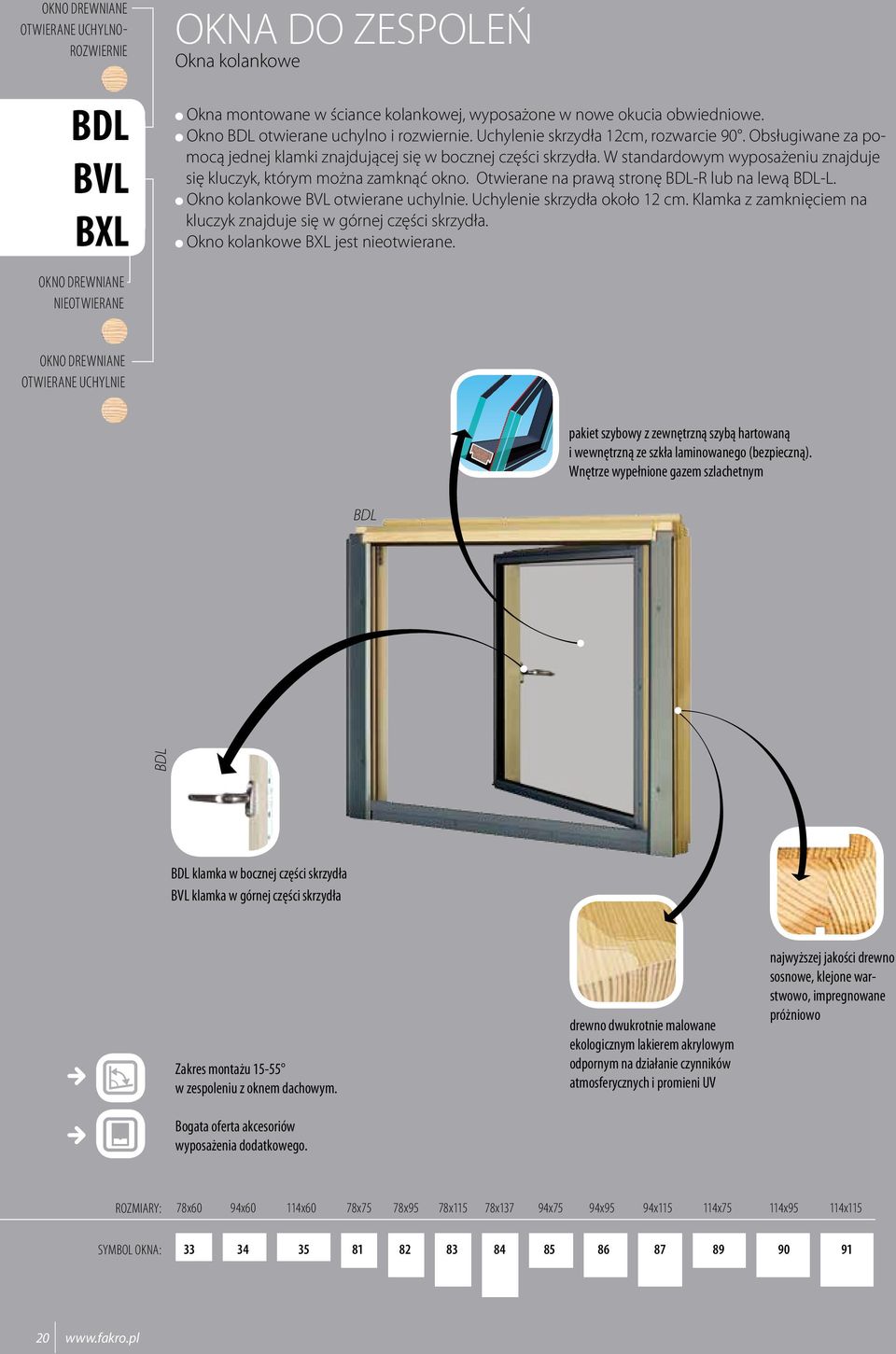 W standardowym wyposażeniu znajduje się kluczyk, którym można zamknąć okno. Otwierane na prawą stronę BDL-R lub na lewą BDL-L. Okno kolankowe BVL otwierane uchylnie. Uchylenie skrzydła około 12 cm.