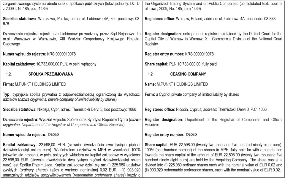 733.000,00 PLN, w pełni wpłacony 1.2. SPÓŁKA PRZEJMOWANA Firma: M.