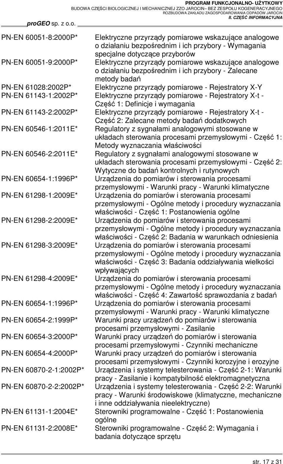 przyrządy pomiarowe - Rejestratory X-t - Część 1: Definicje i wymagania PN-EN 61143-2:2002P* Elektryczne przyrządy pomiarowe - Rejestratory X-t - Część 2: Zalecane metody badań dodatkowych PN-EN