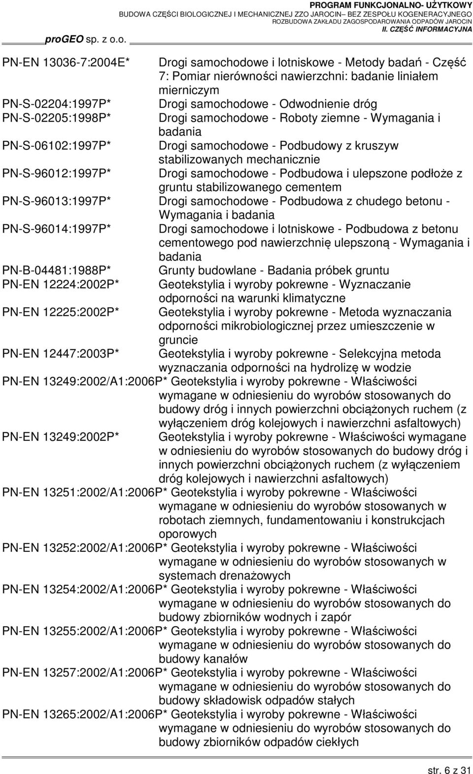 Podbudowa i ulepszone podłoże z gruntu stabilizowanego cementem PN-S-96013:1997P* Drogi samochodowe - Podbudowa z chudego betonu - Wymagania i badania PN-S-96014:1997P* Drogi samochodowe i lotniskowe