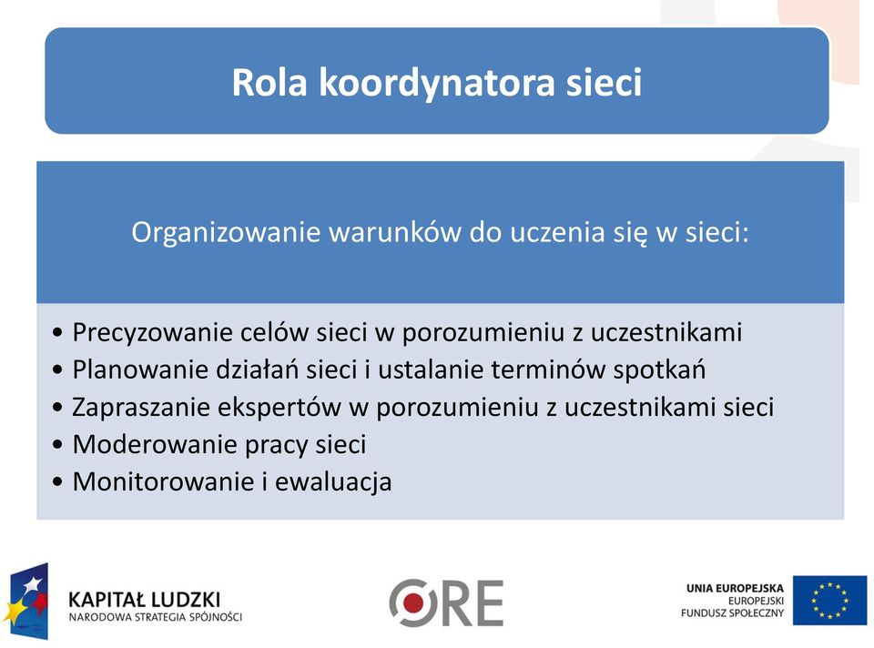 działań sieci i ustalanie terminów spotkań Zapraszanie ekspertów w