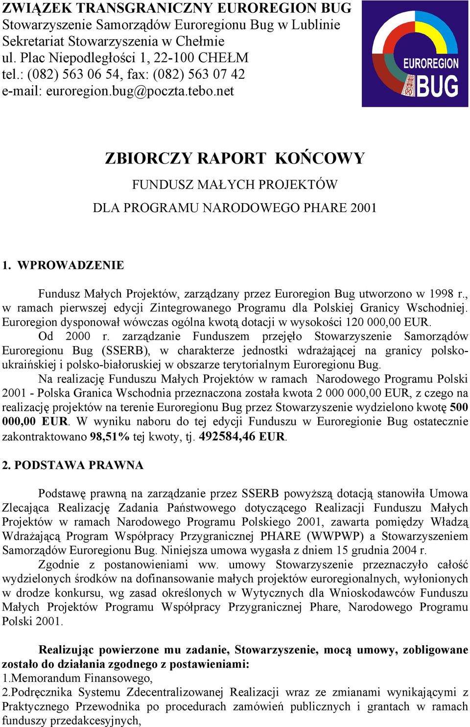 WPROWADZENIE Fundusz Małych Projektów, zarządzany przez Euroregion Bug utworzono w 1998 r., w ramach pierwszej edycji Zintegrowanego Programu dla Polskiej Granicy Wschodniej.