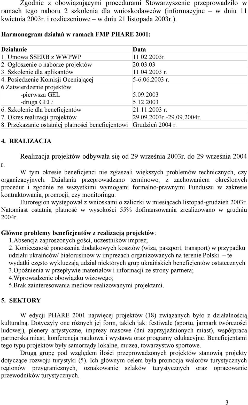 Posiedzenie Komisji Oceniającej 5-6.06.2003 r. 6.Zatwierdzenie projektów: -pierwsza GEL -druga GEL: 5.09.2003 5.12.2003 6. Szkolenie dla beneficjentów 21.11.2003 r. 7. Okres realizacji projektów 29.