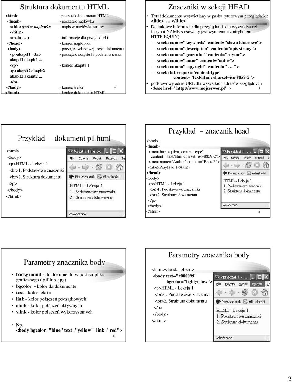 - koniec akapitu 1 - koniec treści - koniec dokumentu HTML 7 Znaczniki w sekcji HEAD Tytuł dokumentu wyświetlany w pasku tytułowym przeglądarki: <title> </title> Dodatkowe informacje dla