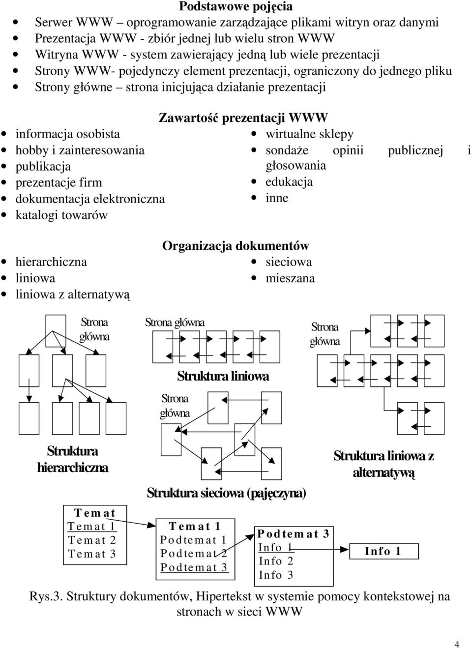 dokumentacja elektroniczna katalogi towarów Zawartość prezentacji WWW wirtualne sklepy sondaŝe opinii publicznej i głosowania edukacja inne hierarchiczna liniowa liniowa z alternatywą Organizacja