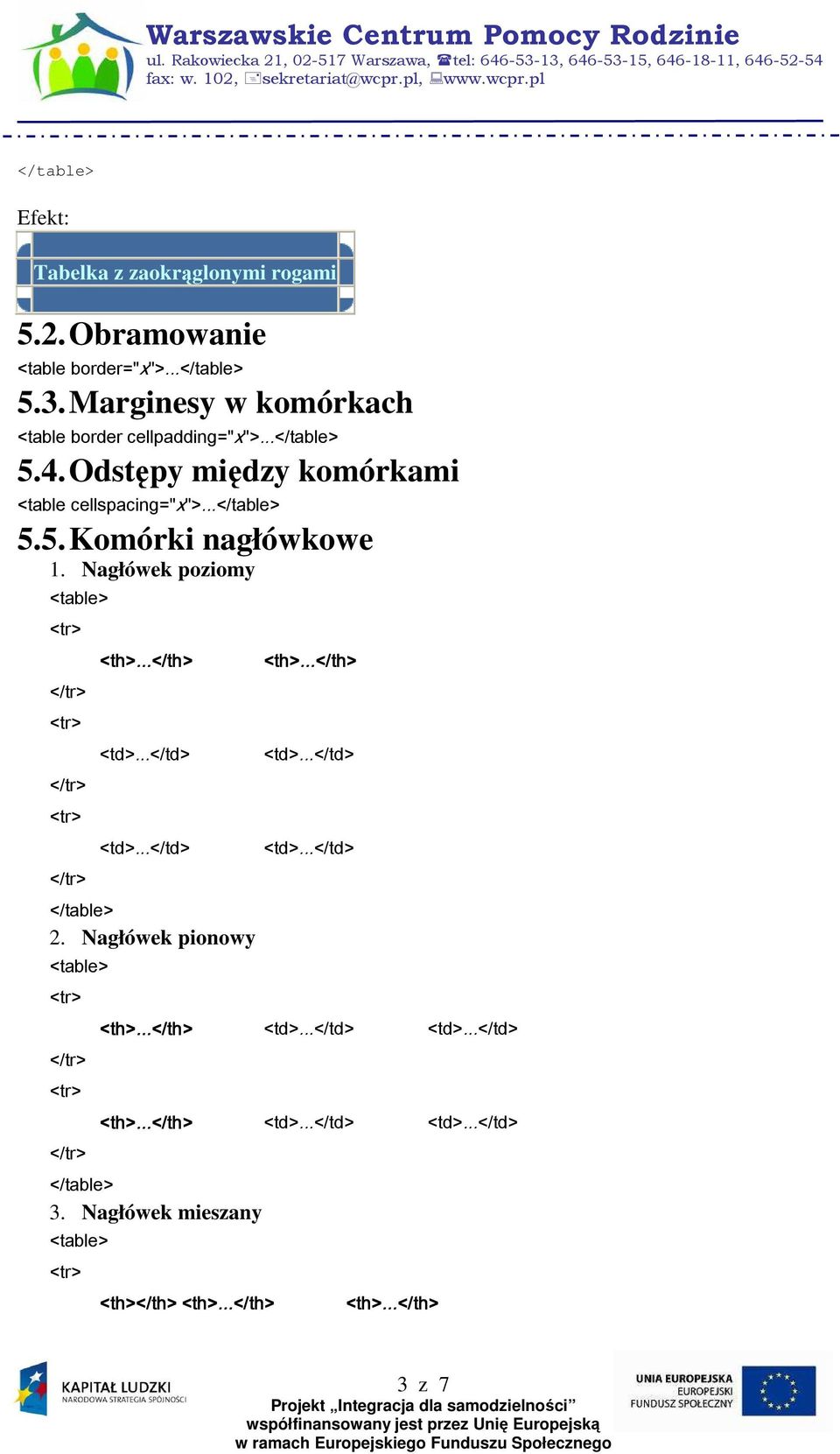 Odstępy między komórkami <table cellspacing="x">... 5.