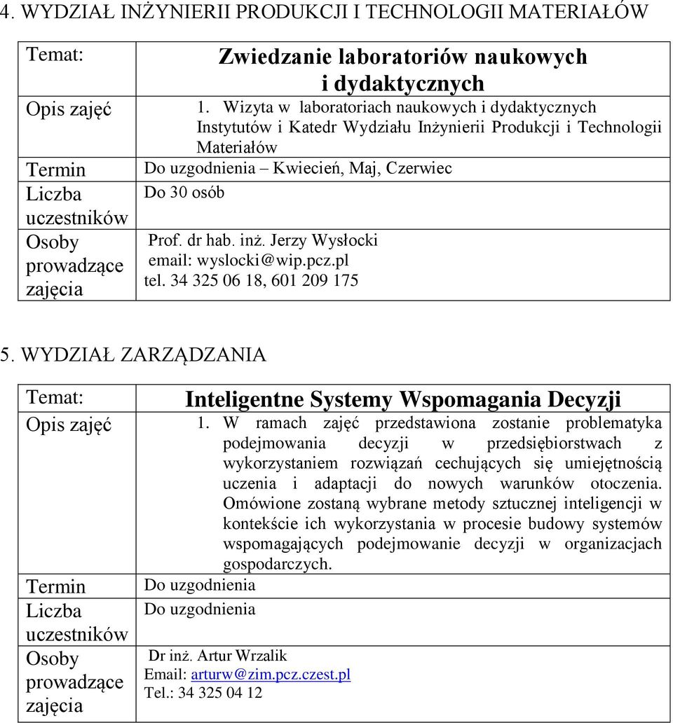 Jerzy Wysłocki email: wyslocki@wip.pcz.pl tel. 34 325 06 18, 601 209 175 5. WYDZIAŁ ZARZĄDZANIA Temat: Inteligentne Systemy Wspomagania Decyzji 1.