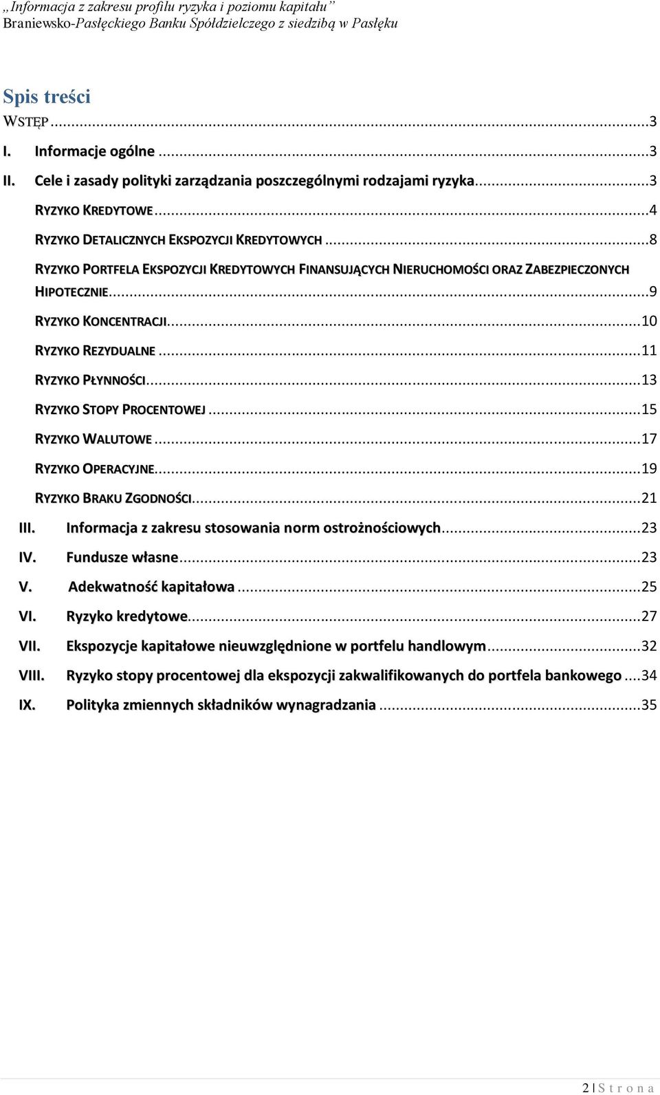.. 13 RYZYKO STOPY PROCENTOWEJ... 15 RYZYKO WALUTOWE... 17 RYZYKO OPERACYJNE... 19 RYZYKO BRAKU ZGODNOŚCI... 21 III. Informacja z zakresu stosowania norm ostrożnościowych... 23 IV. Fundusze własne.